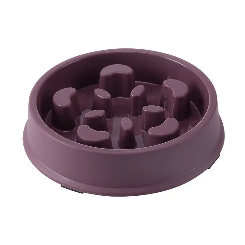 Petal-shaped plastic pet slow feeding bowl in dark purple.