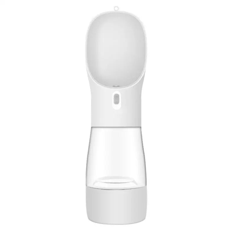 Portable pet dog water bottle feeder in white, made of durable plastic, easy to wash and use.