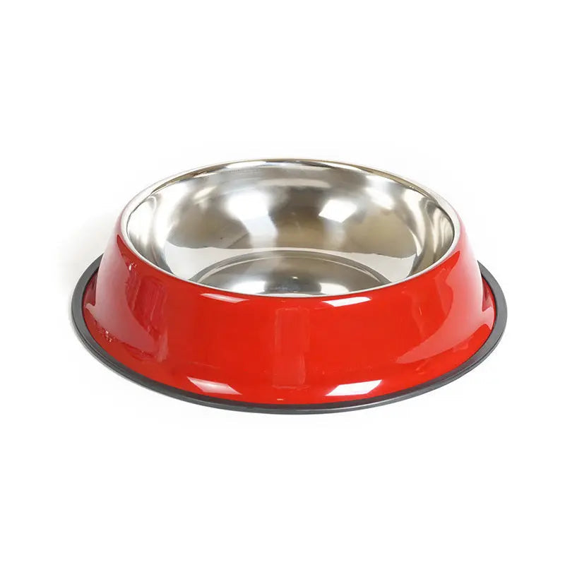 Stainless steel pet feeding basin with red melamine exterior and non-slip bottom.